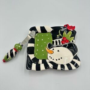 2010 Fitz And Floyd Frosty’s Frolic Snack Plate With Spreader Knife
